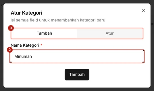 Jendela Atur Kategori dengan tab Tambah terpilih, kotak Nama Kategori berisi Minuman, dan tombol Tambah.